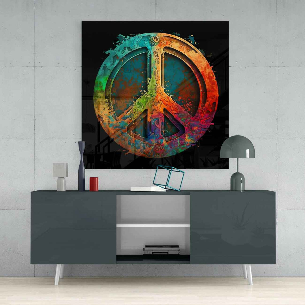 Swirl Textured Teal Orange Peace Sign Glass Wall Art