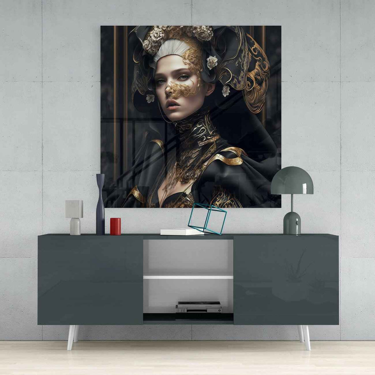 Black Cloak Gold Baroque Woman Glass Wall Art