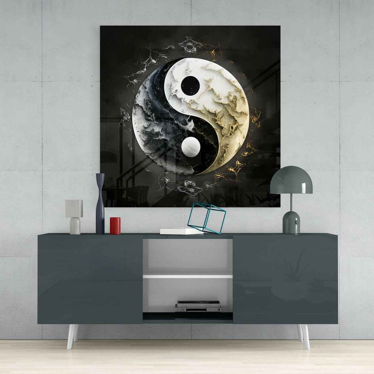 Marbled Black White Yin Yang Glass Wall Art