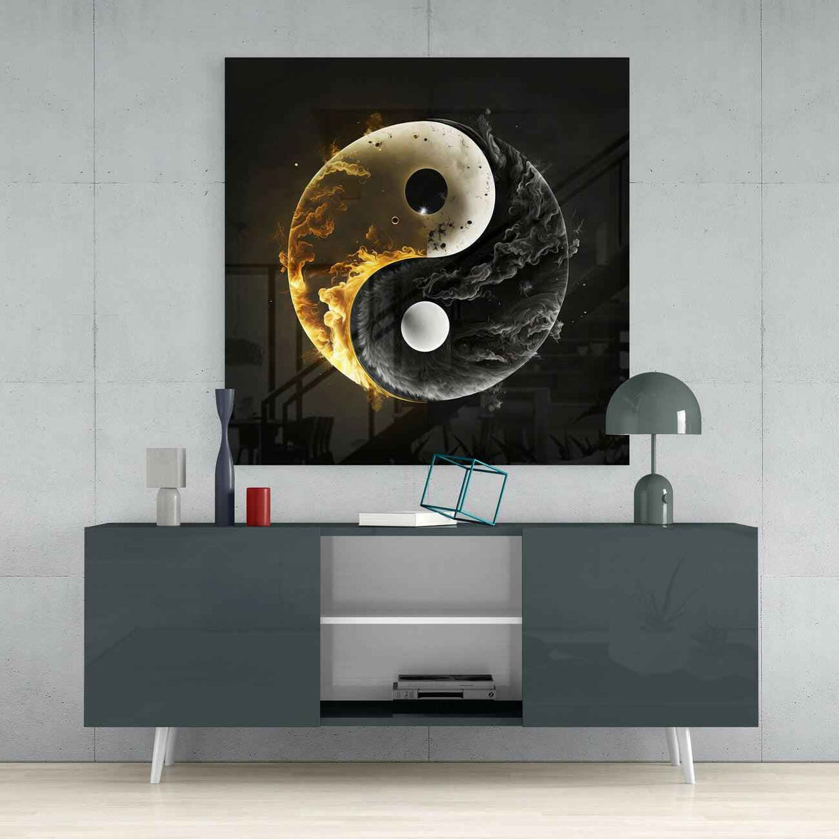 Golden Flame And Smoke Yin Yang Glass Wall Art