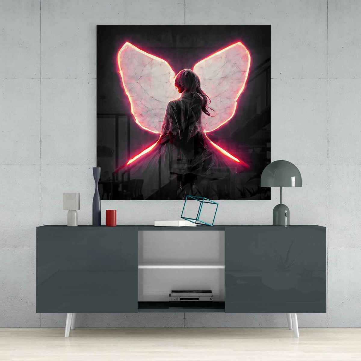 Glowing Red Neon Wings Girl Glass Wall Art