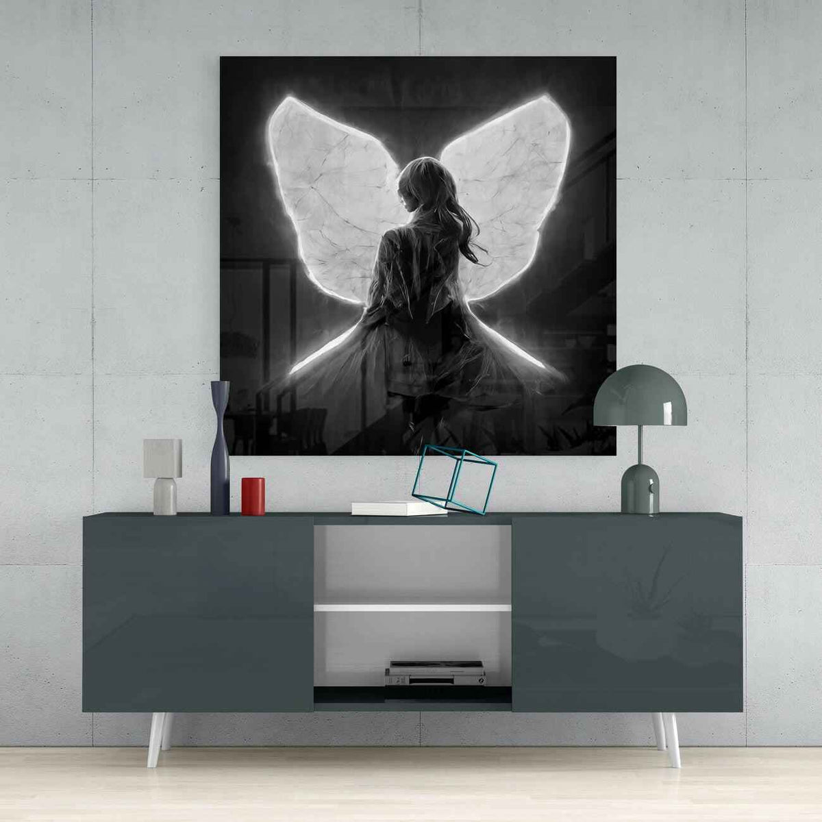 Glowing White Neon Wings Girl Glass Wall Art