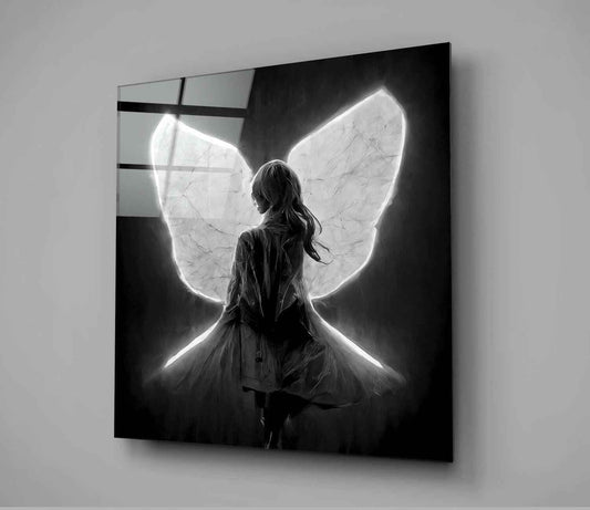 Glowing White Neon Wings Girl Glass Wall Art