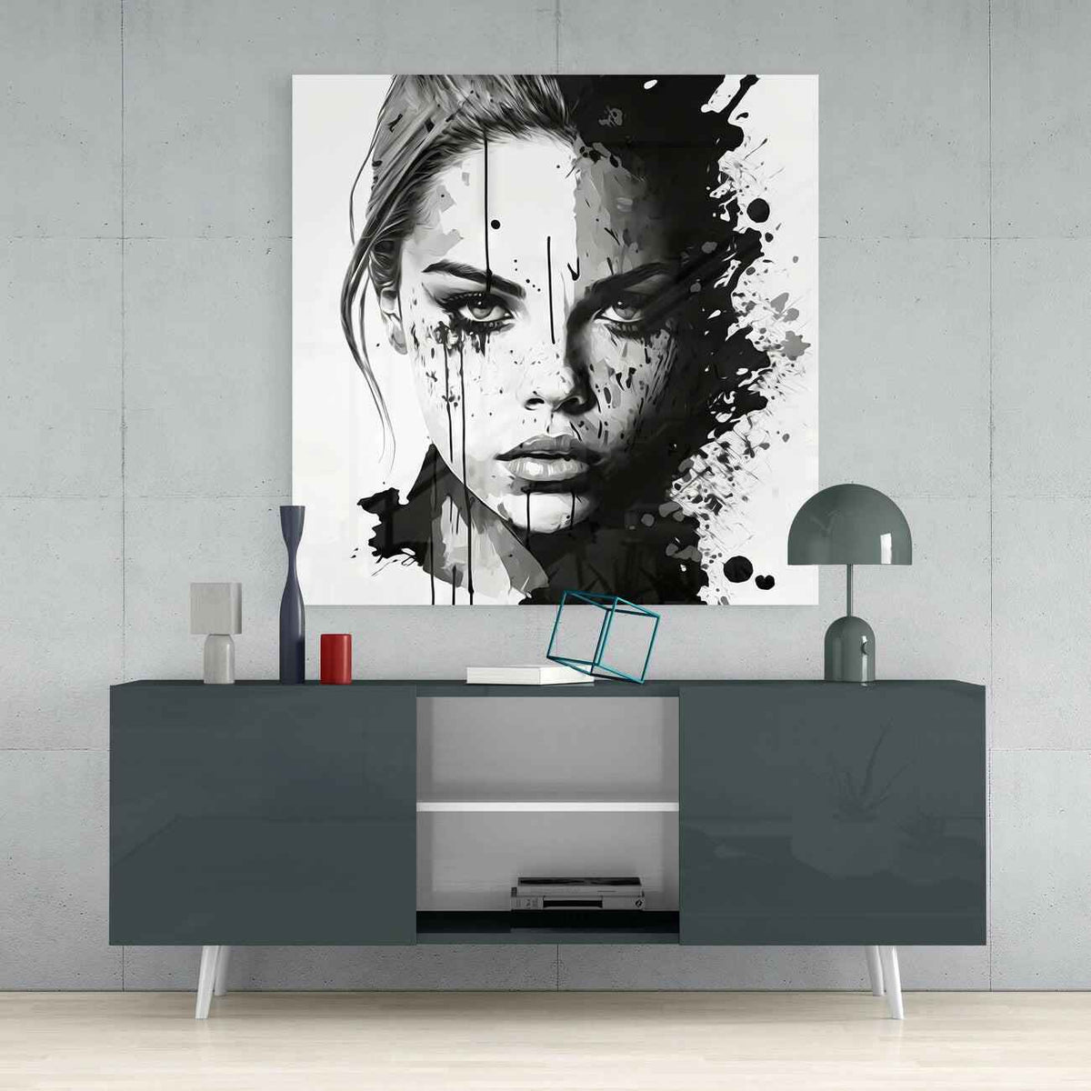 Black and White Ink Splash Woman Face Glass Wall Art