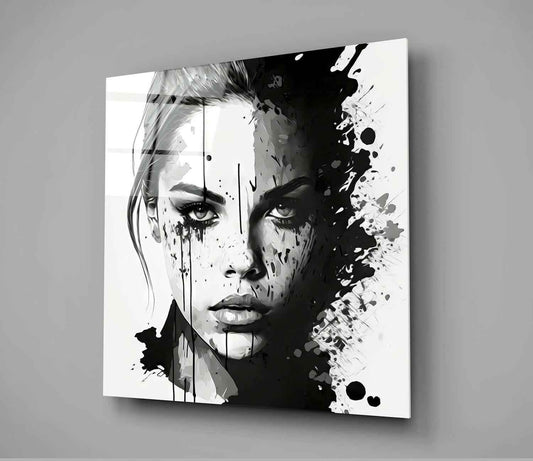 Black and White Ink Splash Woman Face Glass Wall Art