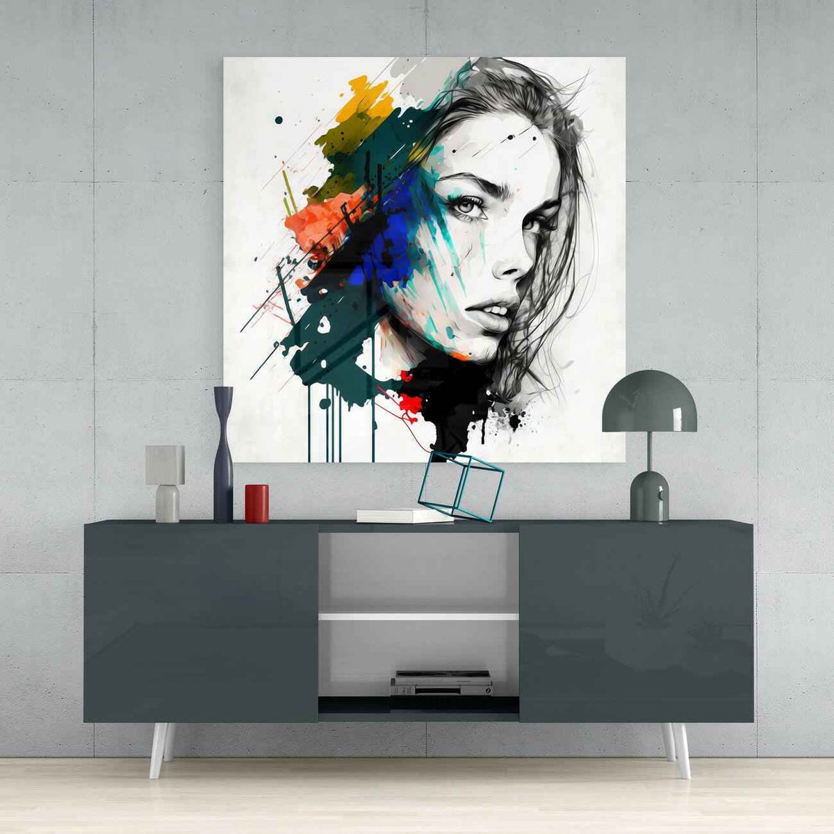 Rainbow Paint Smear Woman Face Glass Wall Art