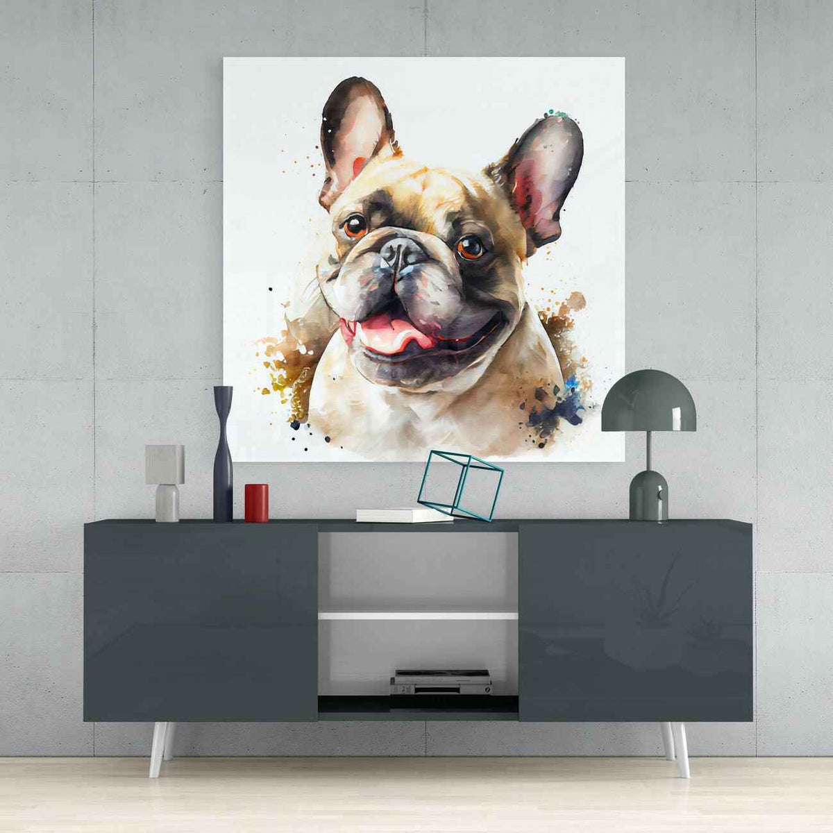 Smiling Cream Bulldog Watercolor Glass Wall Art