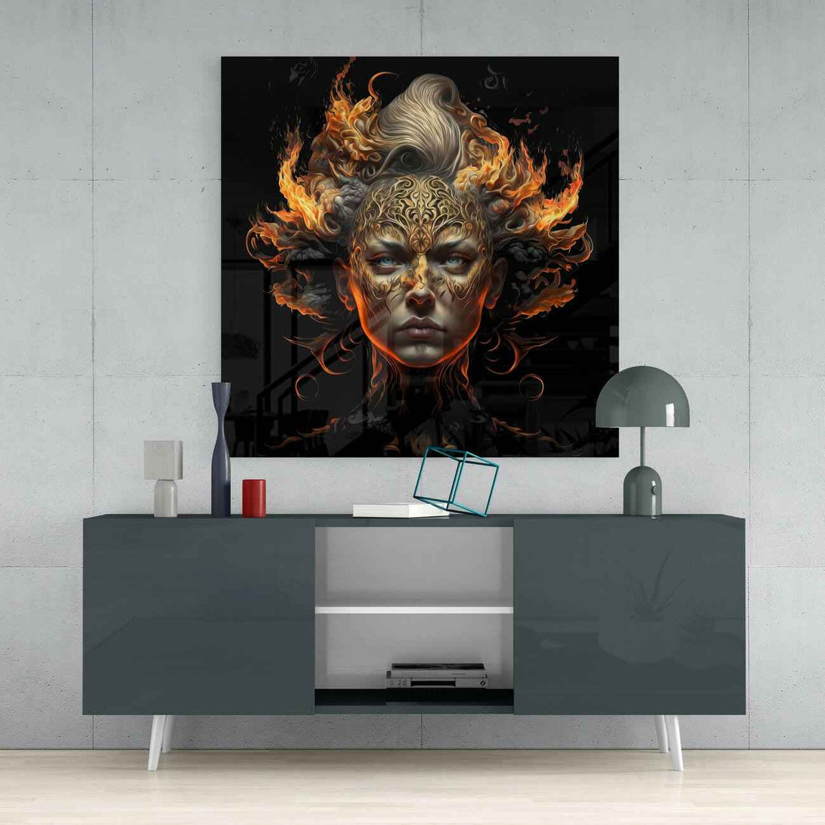 Blazing Ember Wings Gold Mask Face Glass Wall Art