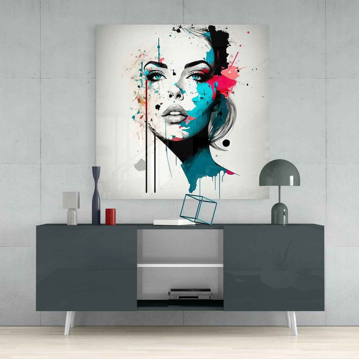 Turquoise Ink Drip Woman Face Glass Wall Art