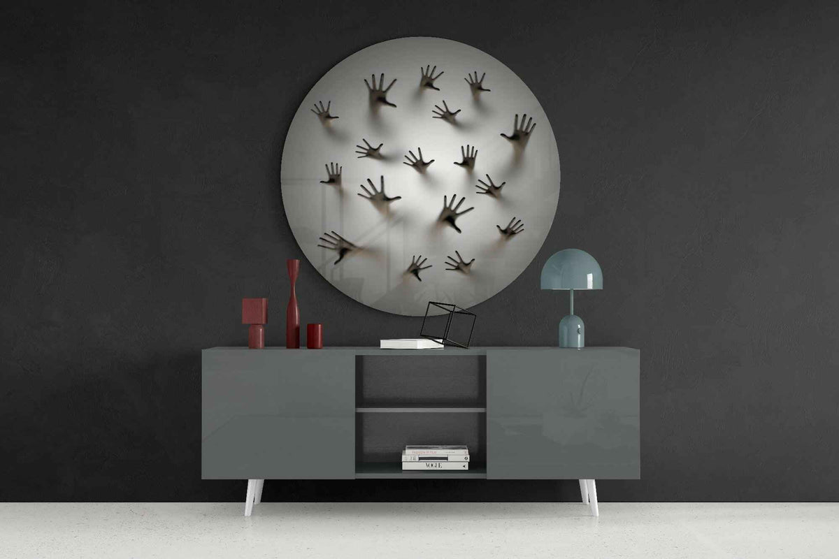 Round Ghost Hands Behind Screen Glass Wall Art