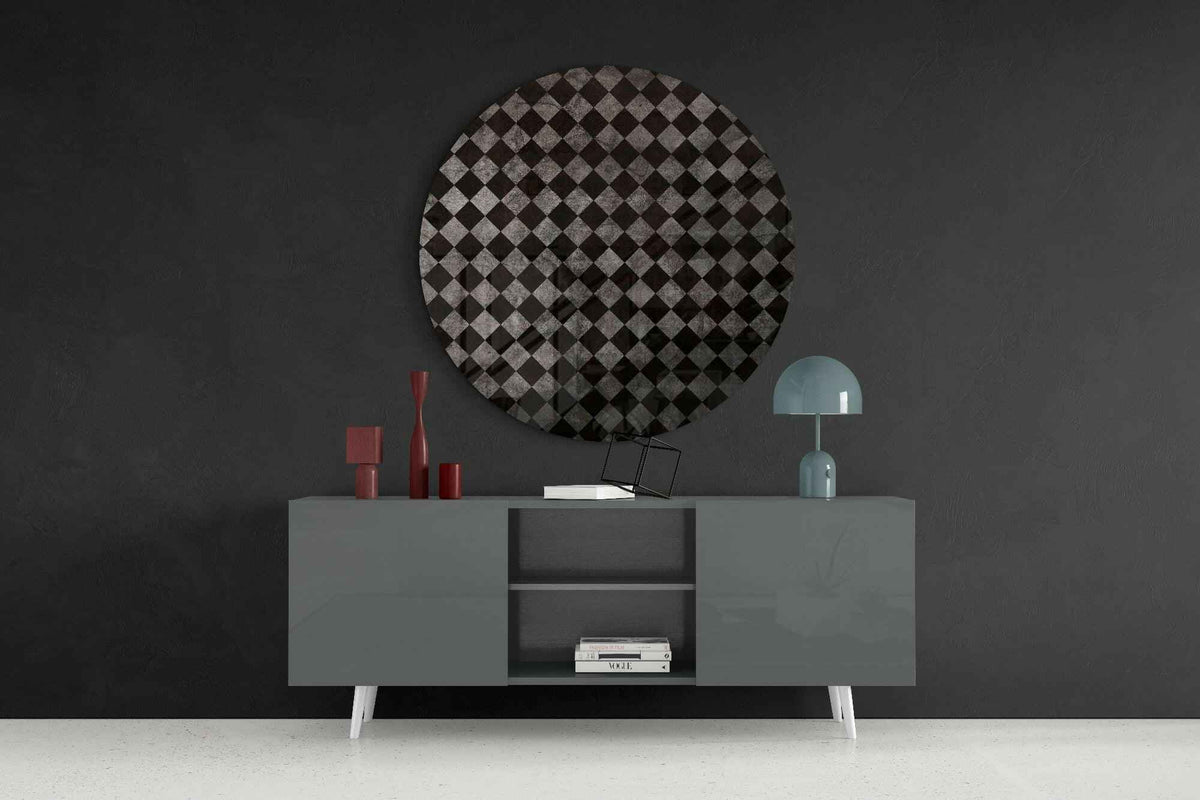 Charcoal Gray Distressed Checker Glass Wall Art