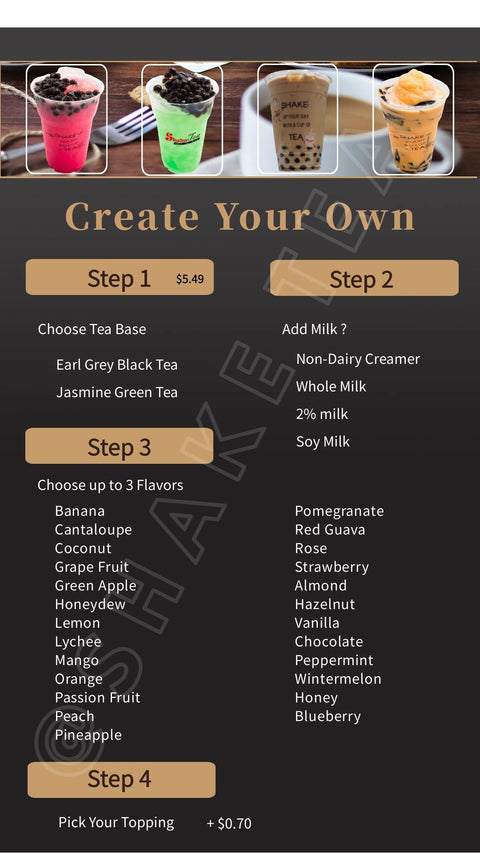 Shake tea create your own menu