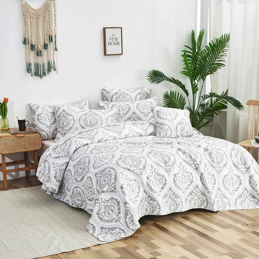 Tache Dreamy Moon Sky Ogee Damask Heather Gray White Quilt Set (TB300)