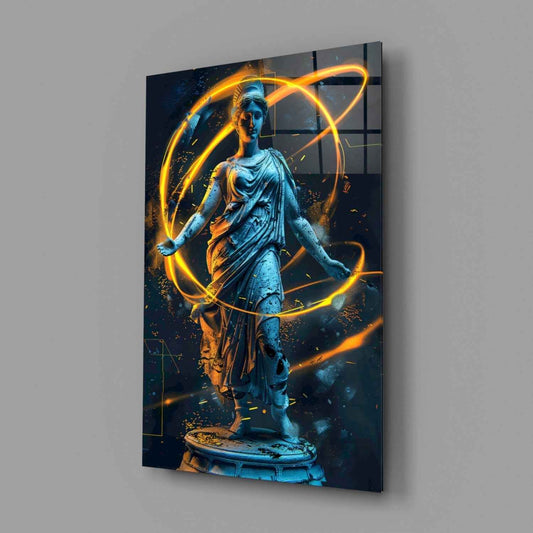 Blue Goddess Statue Gold Neon Rings Glass Wall Art