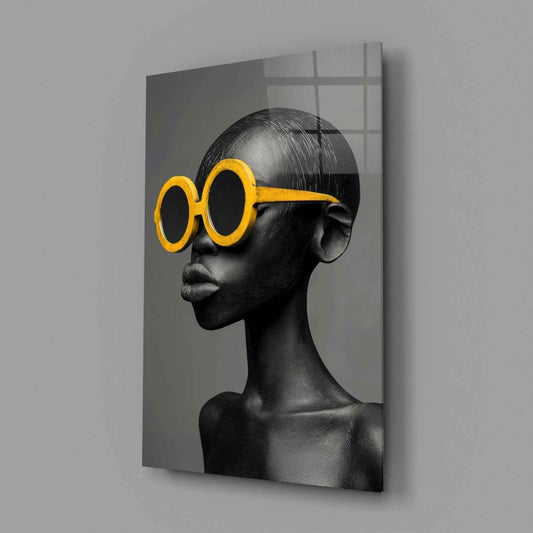 Yellow Round Sunglasses Gray Portrait Glass Wall Art