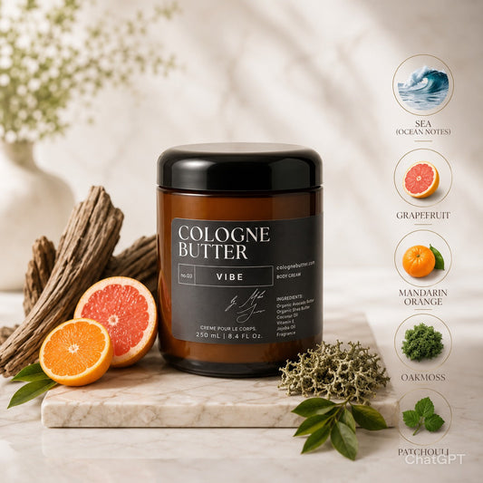 VIBE – Energizing Fragrance Body Butter | Grapefruit, Patchouli & Oakmoss Cologne Scent Moisturizing Skin Butter | Cologne Butter - Shaketea