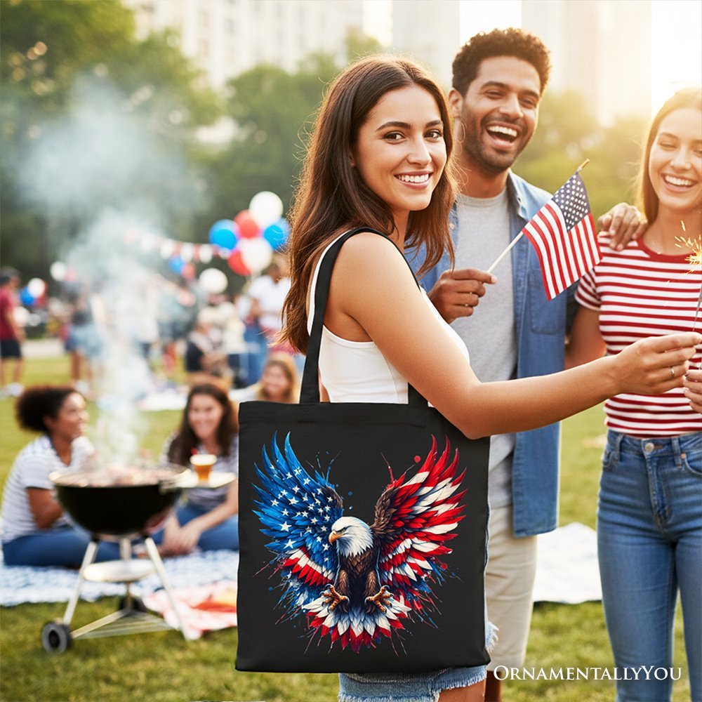 Bald Eagle American Flag Canvas Tote Bag, Patriotic Freedom Gift Shopper