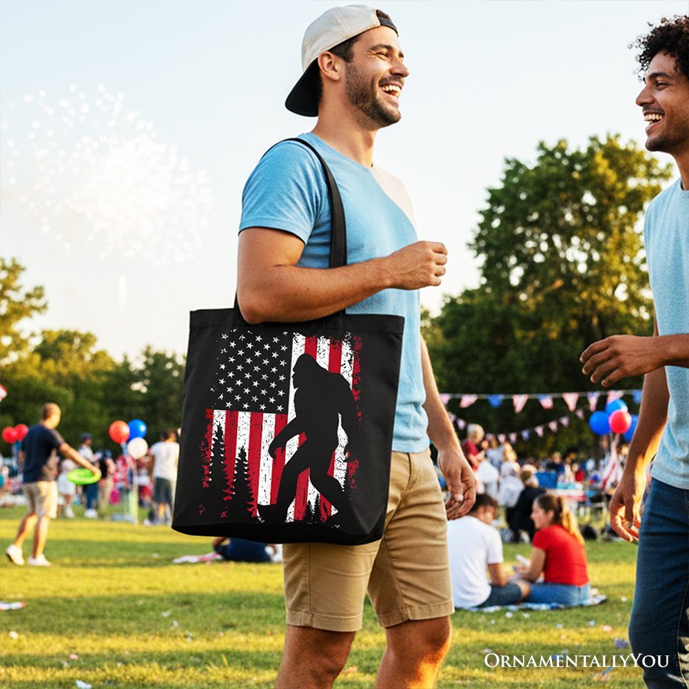 Bigfoot American Flag Canvas Tote Bag, Patriotic Sasquatch Gift Shopper