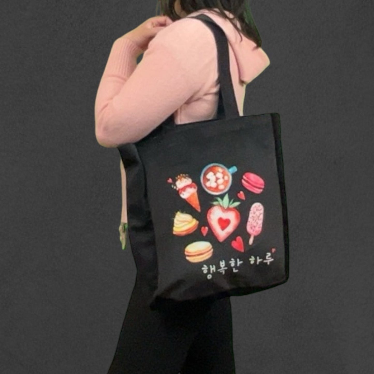 Black Korean Tote Bag – Ice Cream Design with Zipper & Pocket