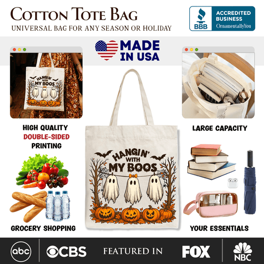 Boho Spooky Season Ghost Tote Bag, Cute Halloween Gift Shopper with Fall Pumpkins