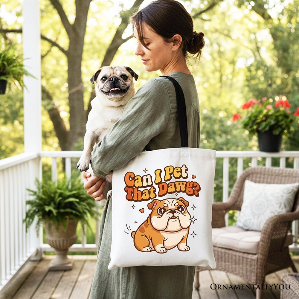 Can I Pet That Dawg Bulldog Retro Tote Bag, Cute Funny Dog Lover Gift Shopper