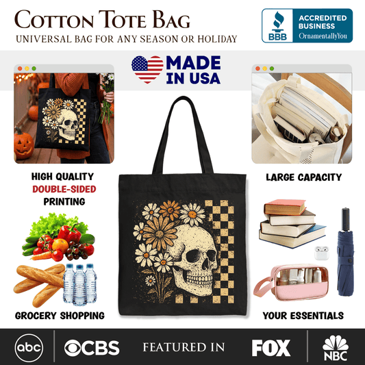 Checkered Floral Skeleton Tote Bag, Vintage Skull Daisy Halloween Gift Shopper