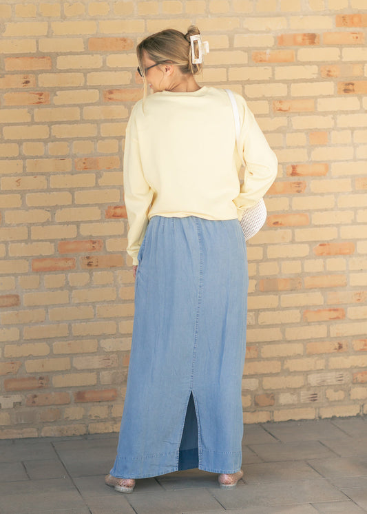 Cleo Medium Wash Chambray Maxi Skirt - Shaketea
