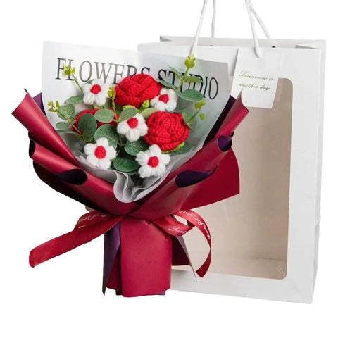 Crochet Flowers Bouquet, Knitted Crochet Rose Exquisite Bag LED Floral Decorative Ornaments