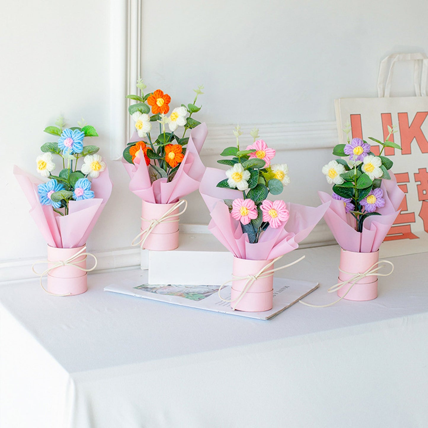 Crochet Flowers Bouquet with Light, Exquisite Knitted Flower Wrap Ready for Gift