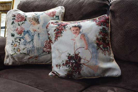 Tache Cupid's Horn Antique Rose Bird Dove Woven Tapestry Throw Pillow Cover (16375)