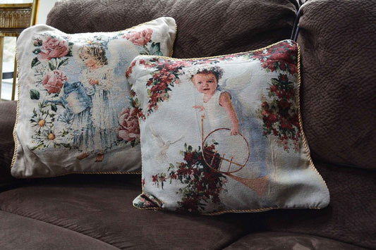 Tache Cupid's Horn Antique Rose Bird Dove Woven Tapestry Throw Pillow Cover (16375)