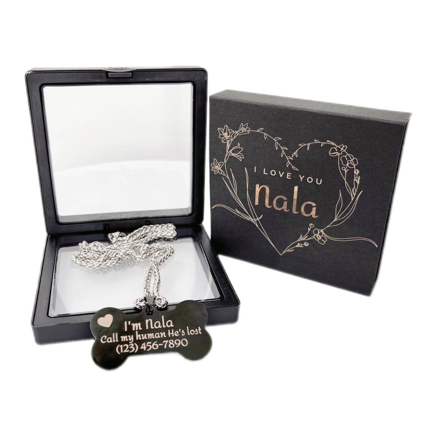 Custom Dog Tags, Bone Shape Stainless Steel with Chain and Box, 1.93x1.07 inch, Personalized Pets Engraved ID Name Plate