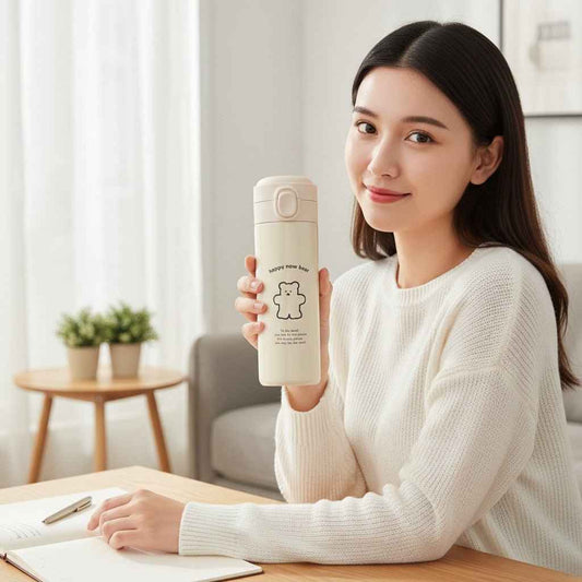 Cute Bear Travel Flask Vacuum Insulated Water Bottle Flip Top Lid