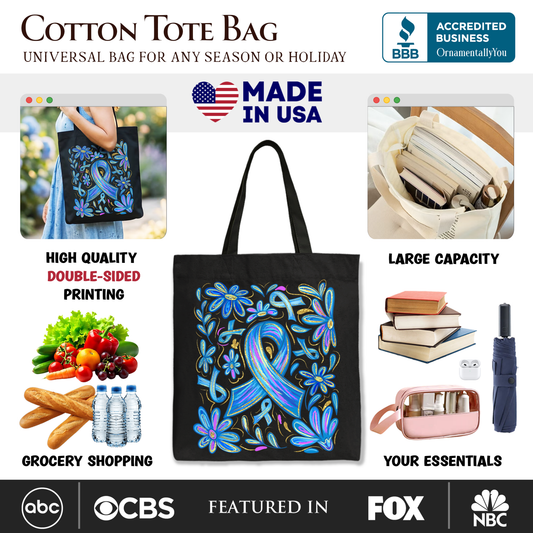 Diabetes Blue Ribbon Floral Tote Bag, Awareness Support Gift Shopper