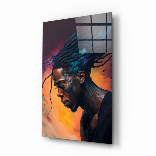 Braided Locs Man On Sunset Hues Glass Wall Art