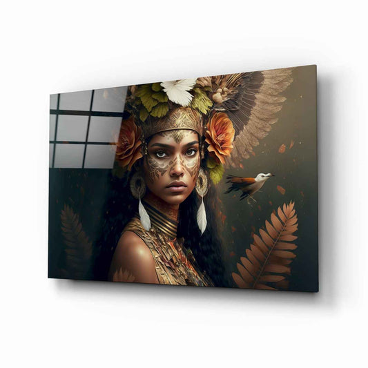 Leaf Crown Tribal Woman with Bird Glass Wall Art