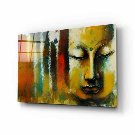 Buddha Face Teal and Rust Abstract Glass Wall Art
