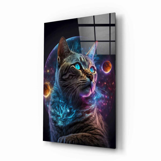 Tabby Cat With Cosmic Planet Orb Glass Wall Art