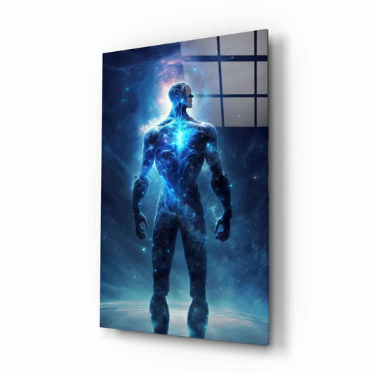 Glowing Blue Cosmic Man Standing Glass Wall Art