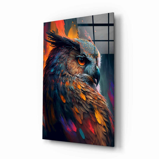 Teal and Orange Owl Side Profile Glass Wall Art