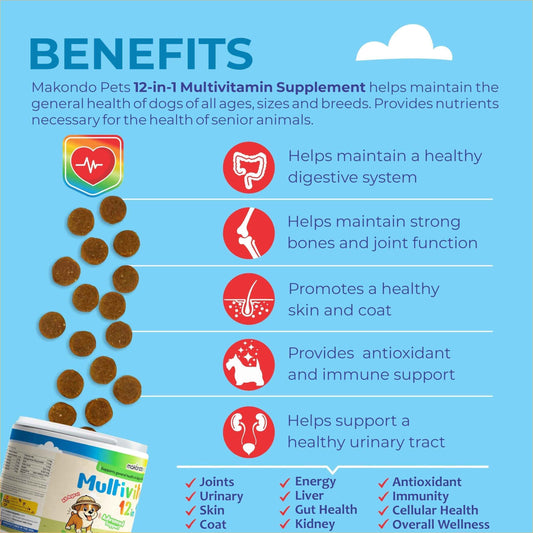 Dog Multivitamin 12-in-1 120 Soft Chews Glucosamine Probiotics & Cranberry