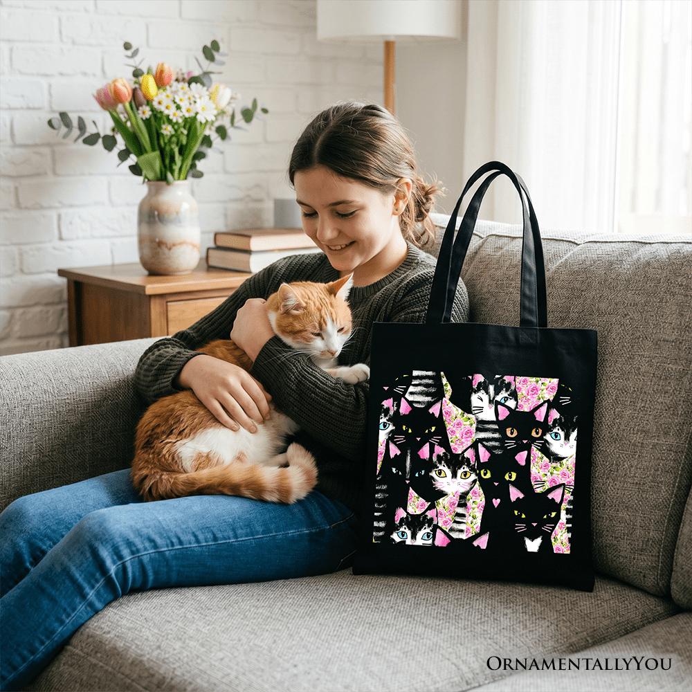Floral Black And Pink Cats Pattern Cute Tote Bag, Kitten Collage Gift Shopper for Cat Lovers