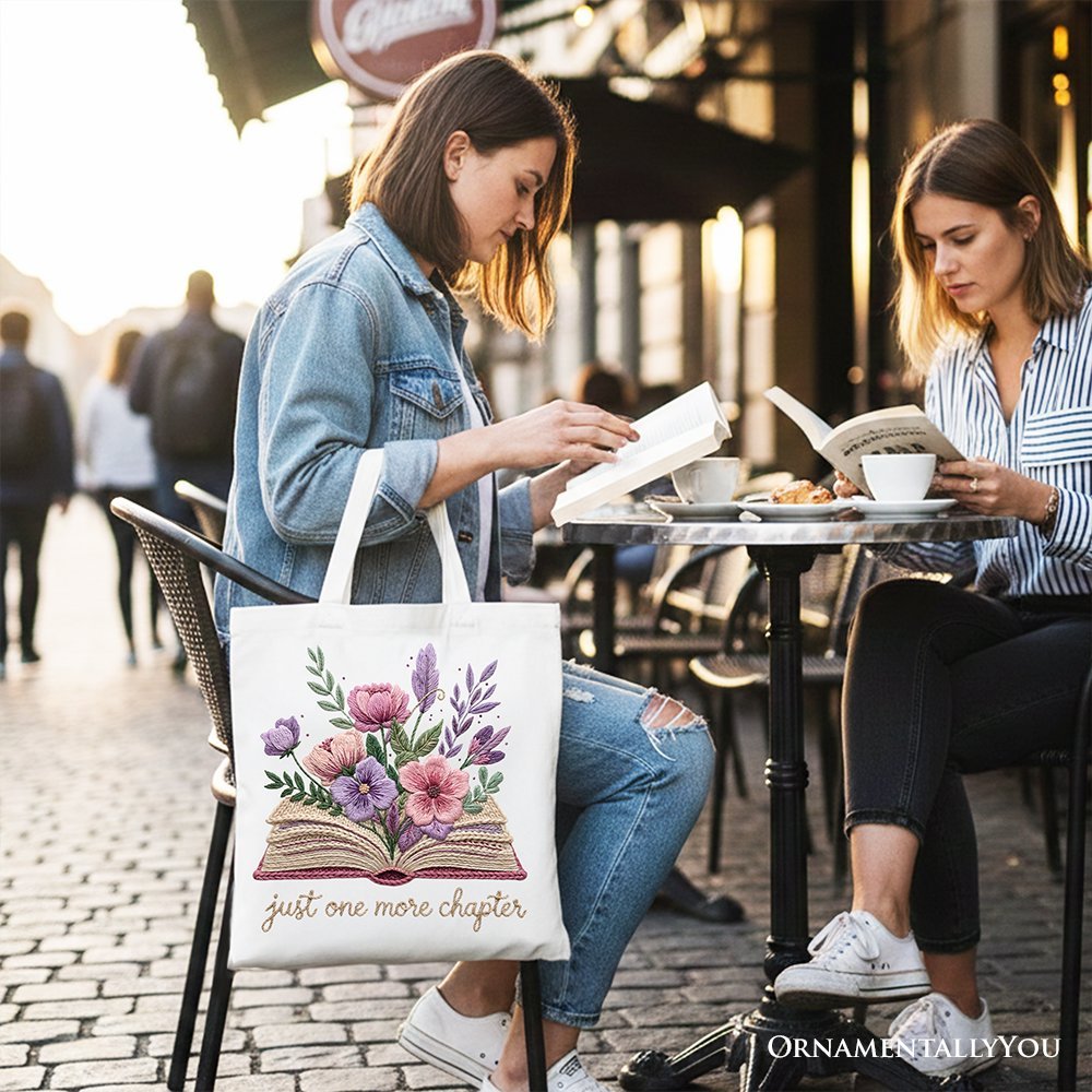 Floral Book Printed Faux Yarn Crochet Tote Bag, Just One More Chapter Bookworm Gift Shopper