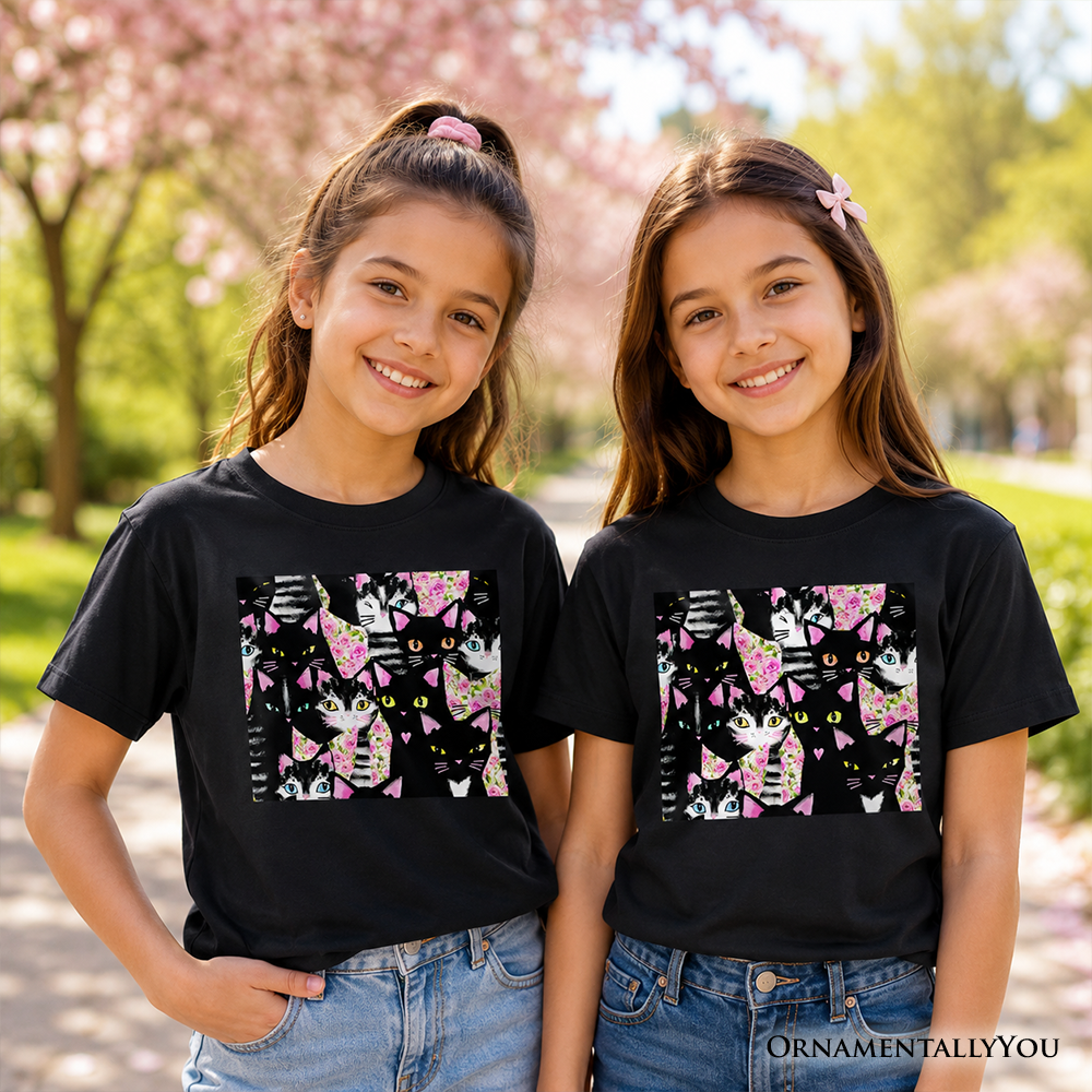 Floral Cat Pattern Kids T-Shirt, Cute Kitten Collage Tee for Youth Girls