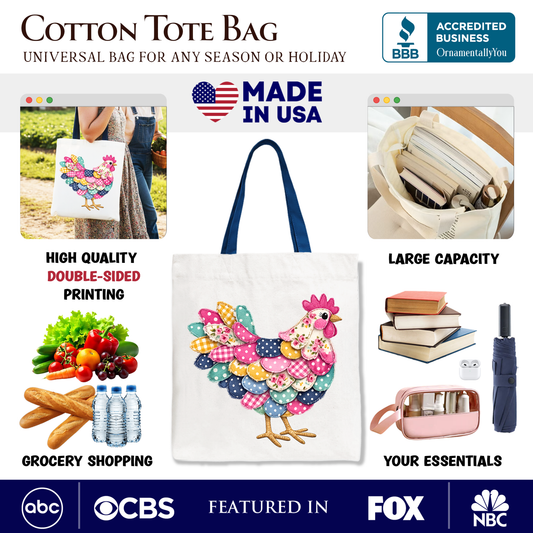 Floral Chicken Printed Faux Patchwork Tote Bag, Coquette Hen Farmhouse Gift Shopper