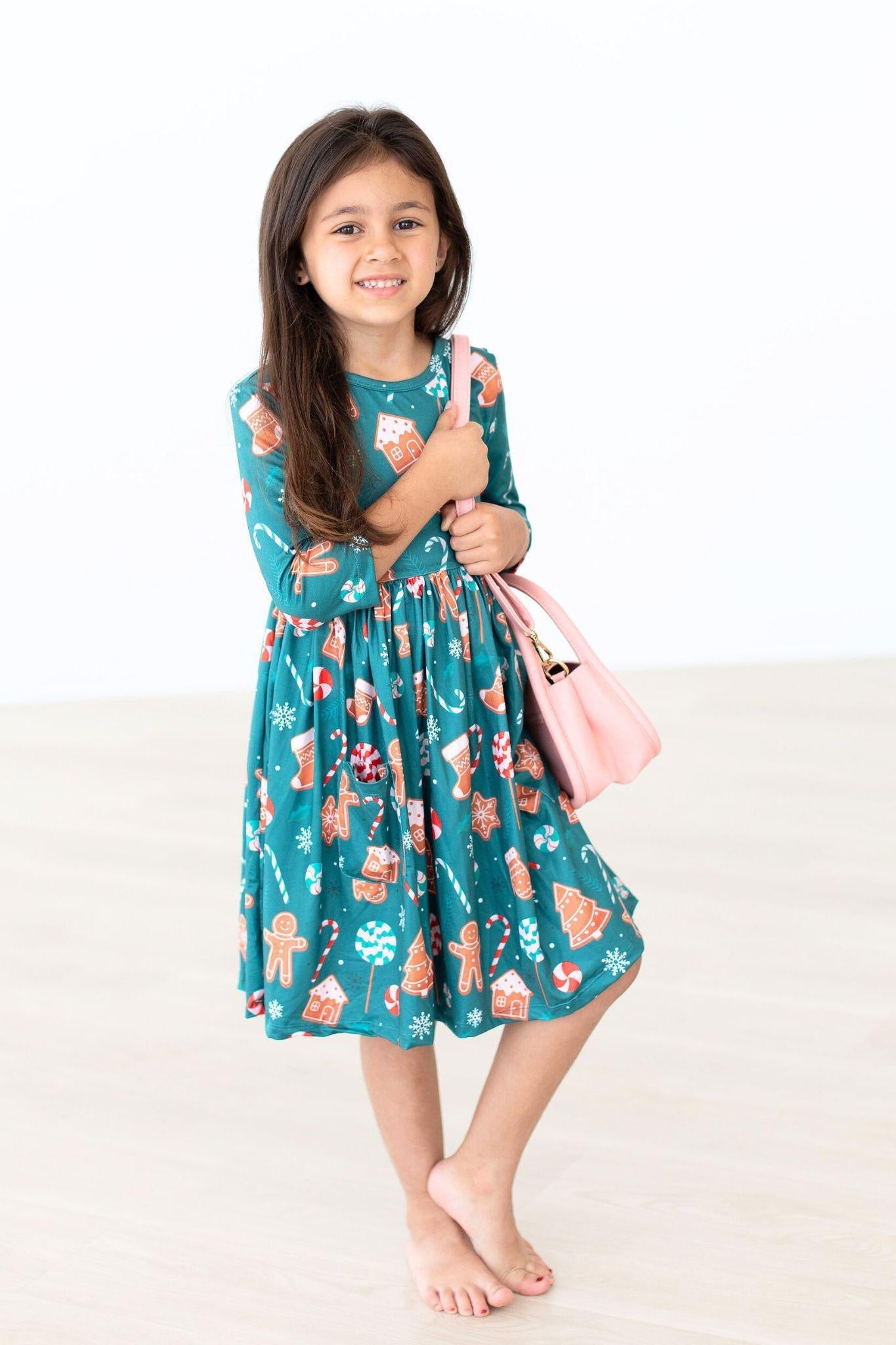Gingerbread House 3/4 Sleeve Pocket Twirl Dress