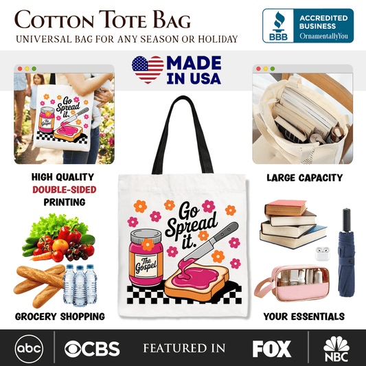Go Spread It Christian Tote Bag, Cute Gospel Jam and Toast Gift Shopper