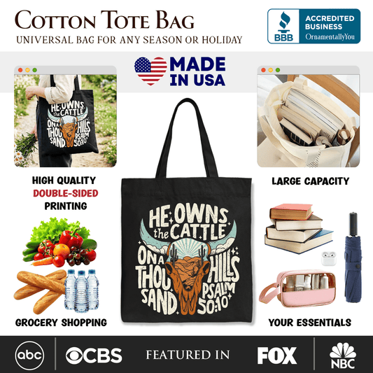 He Owns the Cattle On a Thousand Hills Tote Bag, Christian Western Faith Gift Shopper
