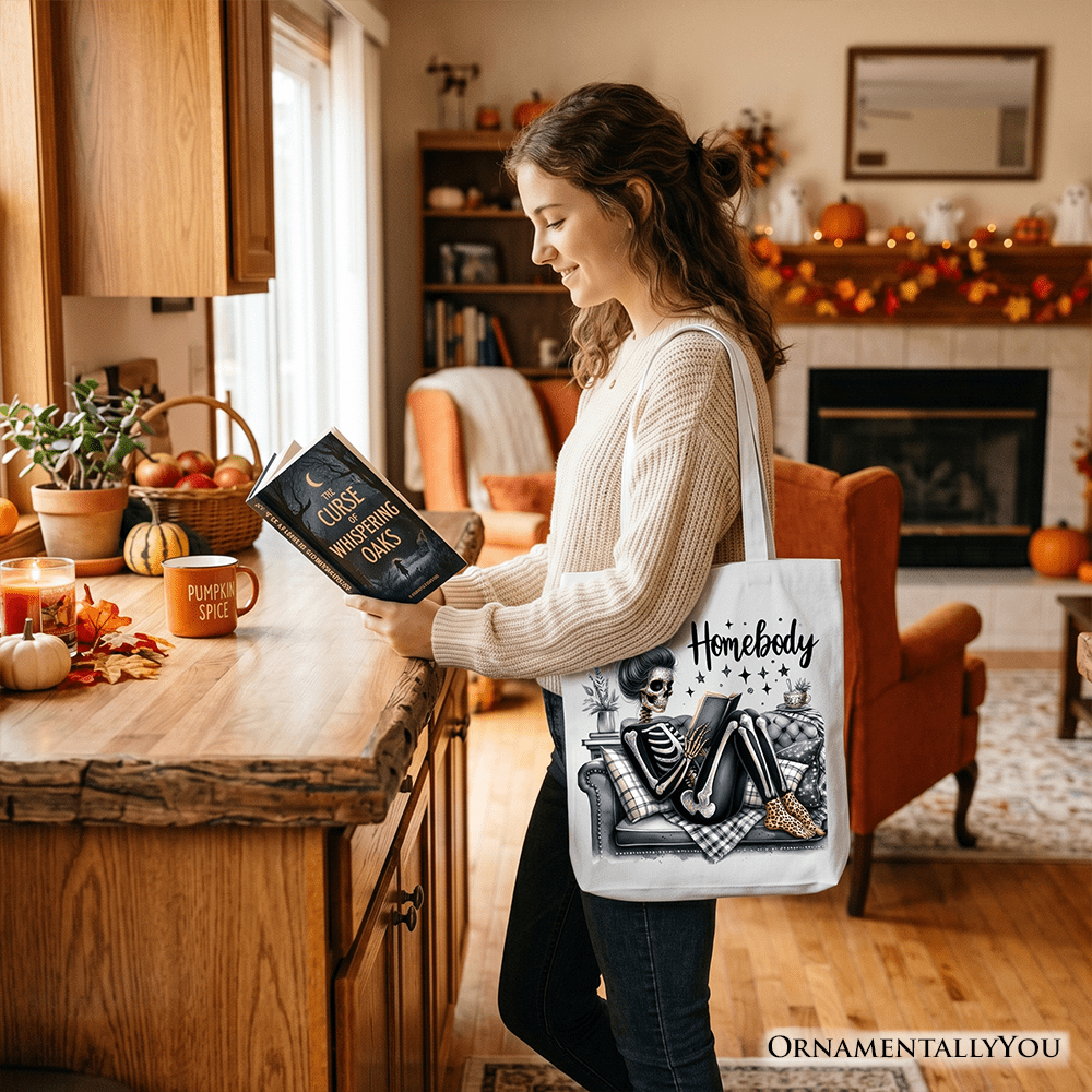 Homebody Reading Skeleton Tote Bag, Funny Lazy Selfcare Gift Shopper for Introvert Women