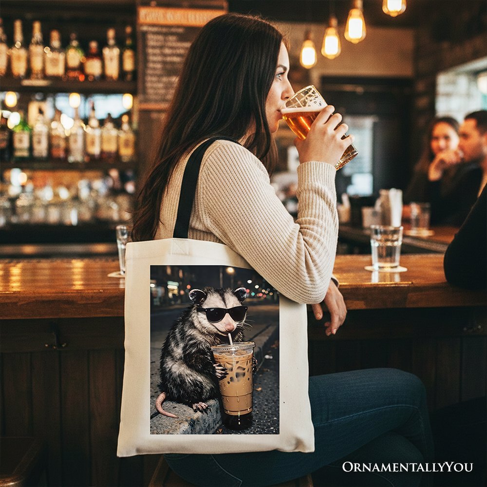 Iced Coffee Opossum Tote Bag, Funny Animal Meme Gift Shopper